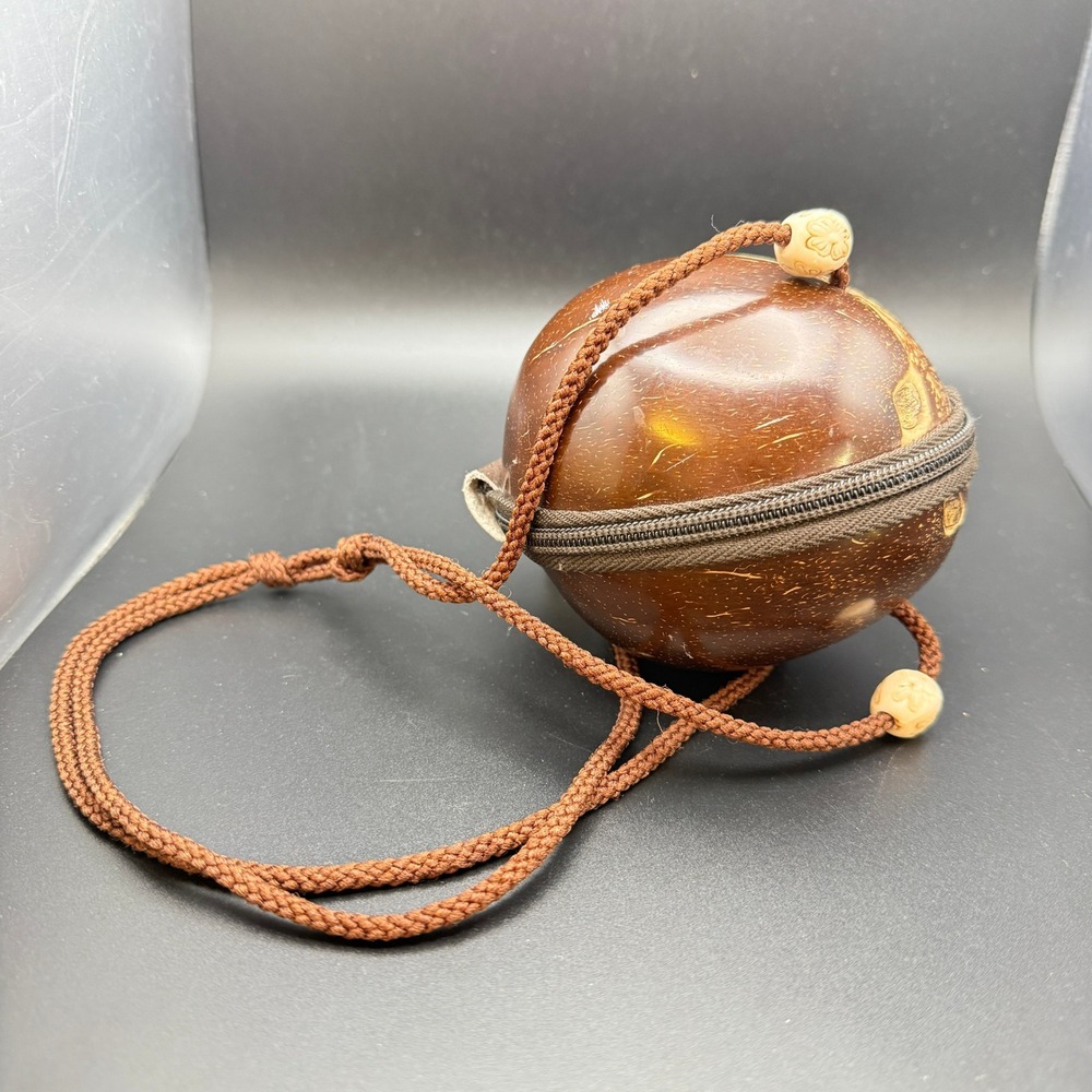 Vintage Polished Coconut Shell Round Crossbody Bag Boho Artisan Purse Brown